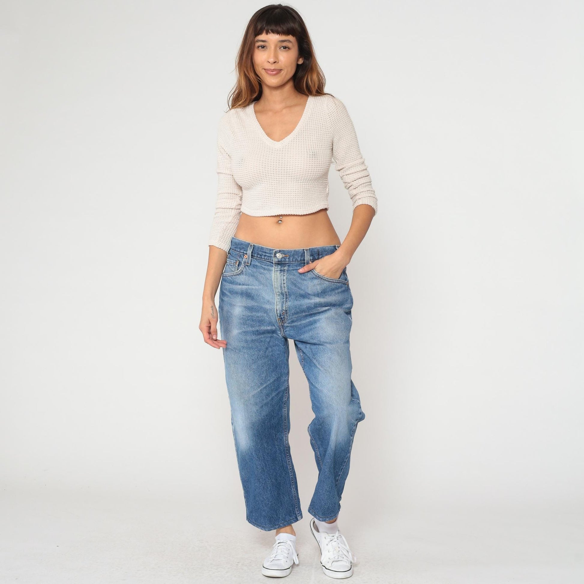 90s Levi's Wide Leg Cropped Jeans High Waisted Stone Wash Blue Denim Medium