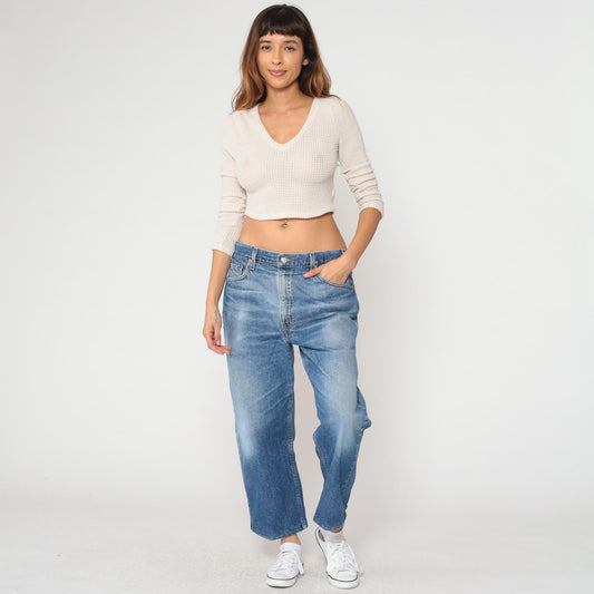 90s Levi's Wide Leg Cropped Jeans High Waisted Stone Wash Blue Denim Medium