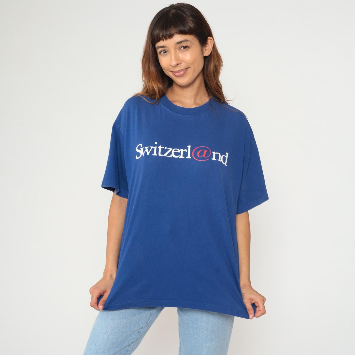 Y2K Switzerland Graphic Cotton T-Shirt Blue Crewneck Medium M