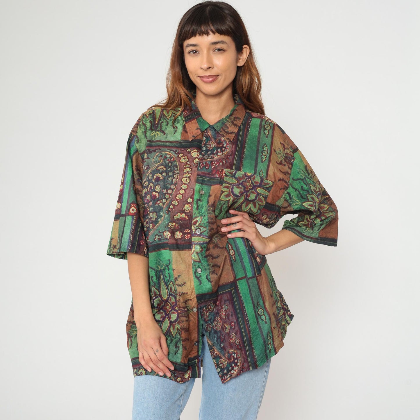 90s Barry Bricken Patchwork Floral Button Shirt Cotton Tunic Extra Large XL