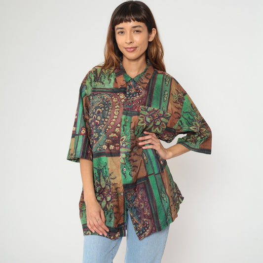 90s Barry Bricken Patchwork Floral Button Shirt Cotton Tunic Extra Large XL