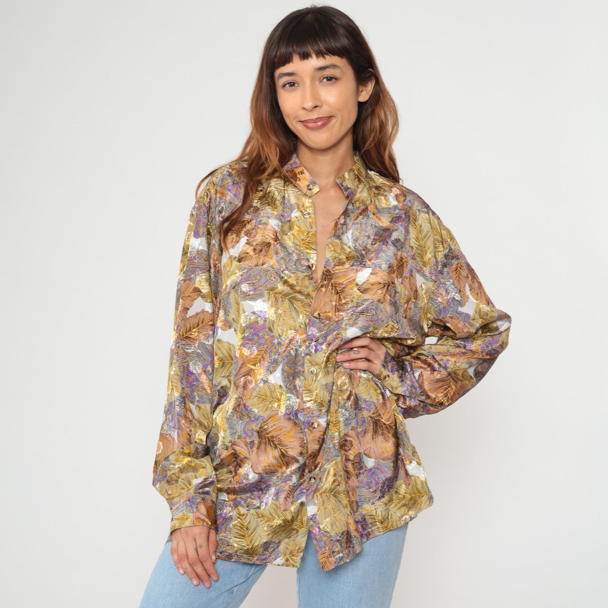 80s Leaf Paisley Button Blouse Purple Gold Brown Cream Extra Large XL