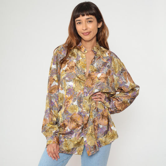 80s Leaf Paisley Button Blouse Purple Gold Brown Cream Extra Large XL