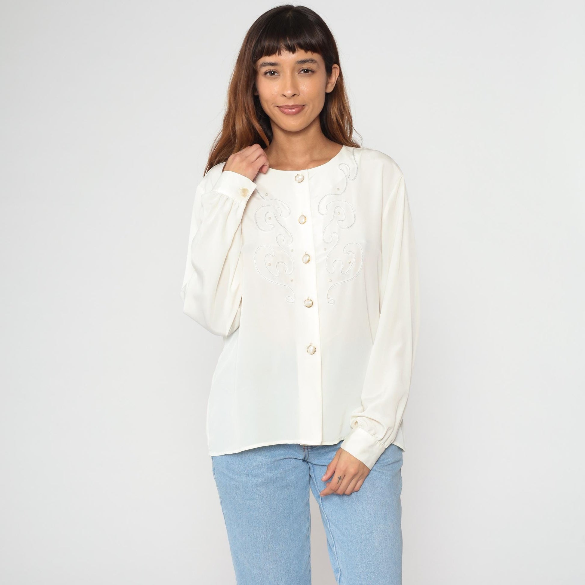 90s Worthington Cream Embroidered Blouse Long Sleeve Button Front Large L