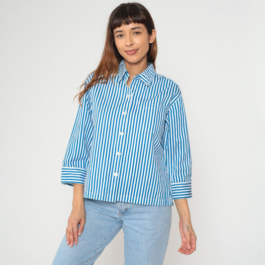 Y2K Norm Thompson Blue White Striped Cotton Blouse Cropped Large L