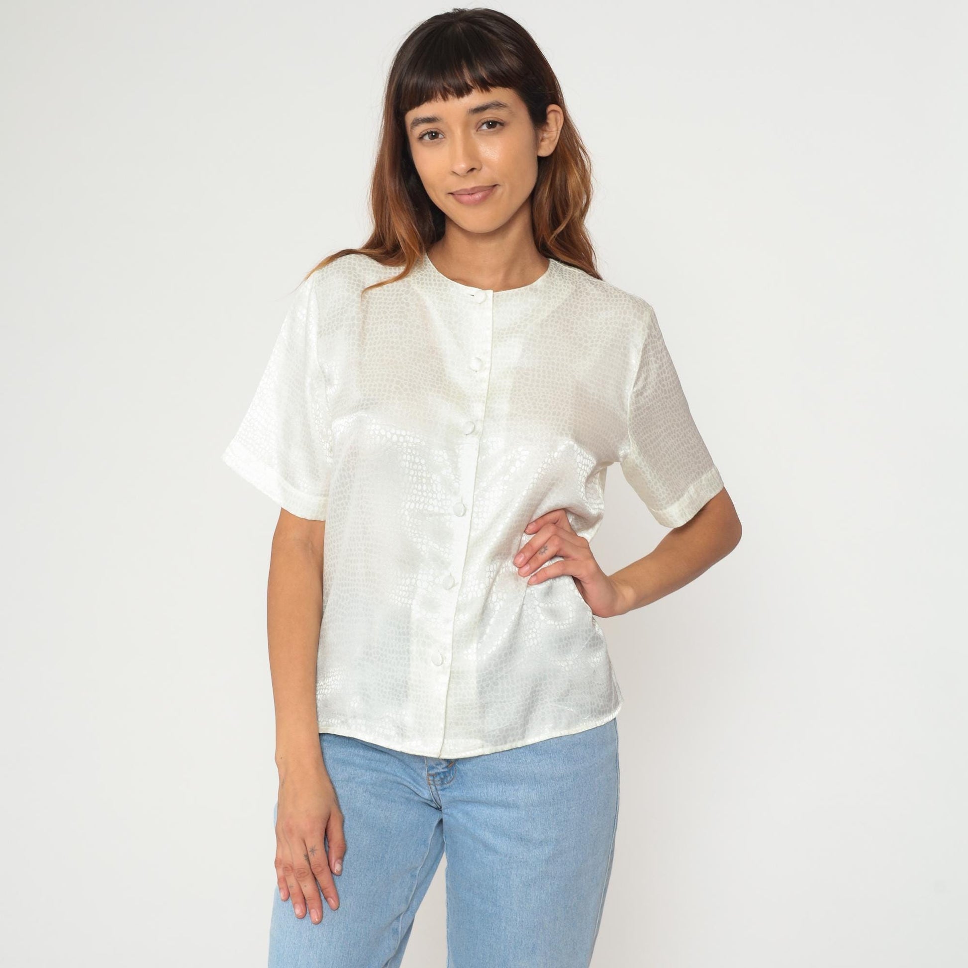 90s Tess Alligator Print Button-Up Blouse Cream Short Sleeve Medium M