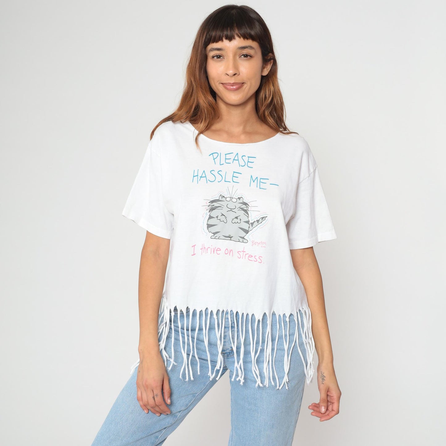 90s Cat Graphic T-Shirt White Fringe Hem Stress Slogan Tee Small