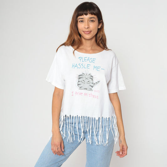90s Cat Graphic T-Shirt White Fringe Hem Stress Slogan Tee Small