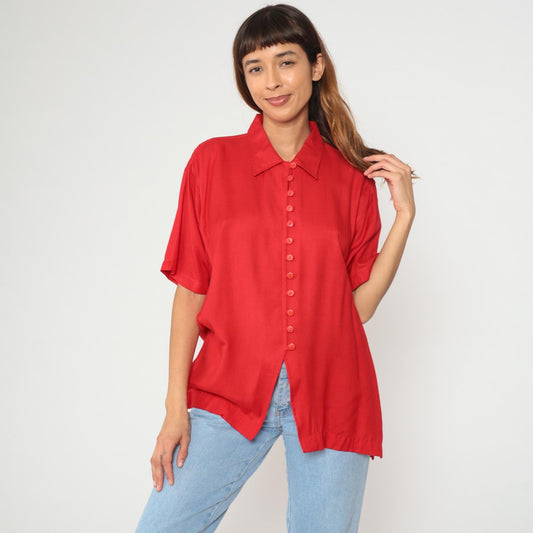 90s Rhythms Red Rayon Button-Up Shirt Pointed Collar Short Sleeve Medium M