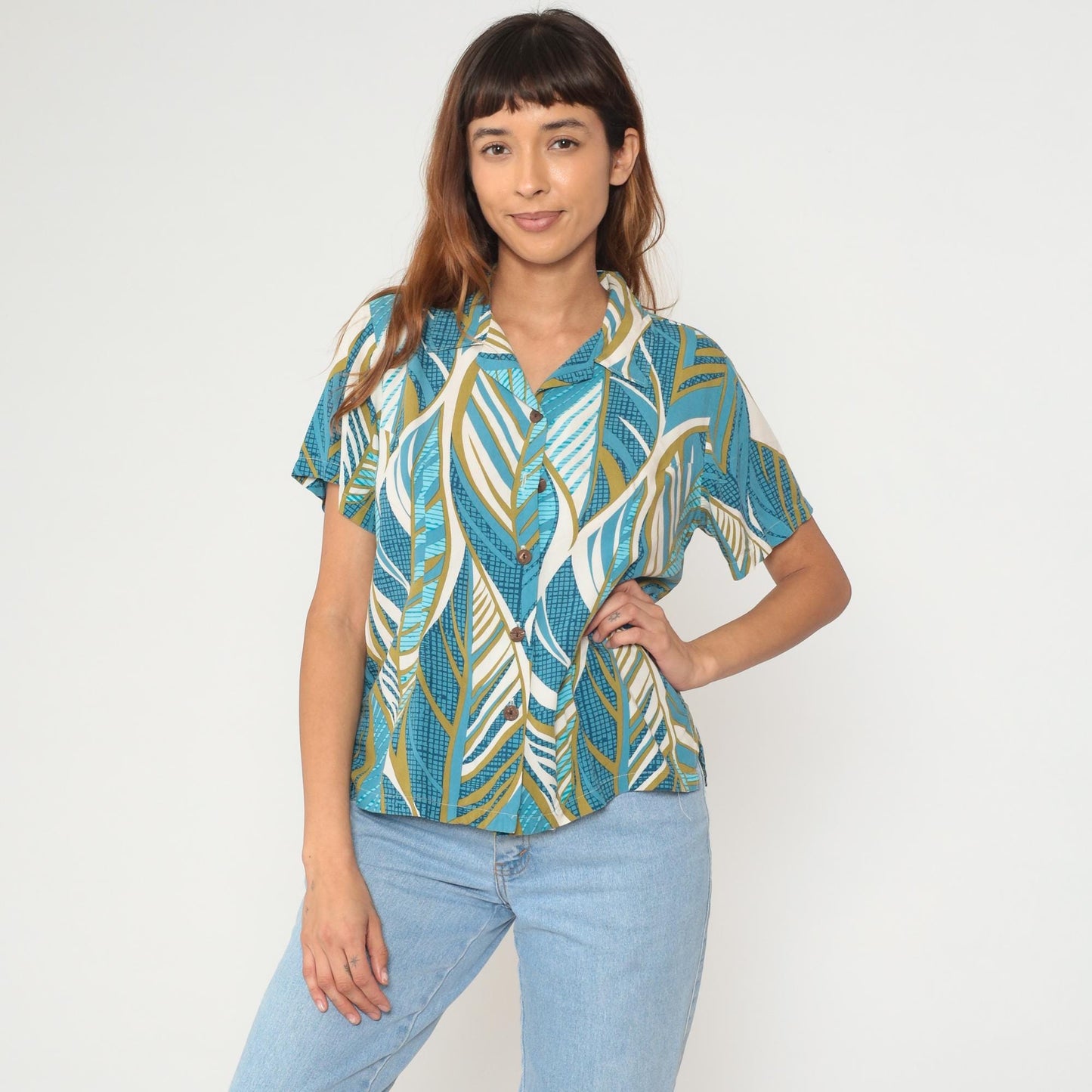 Y2K Hawaiian Shirt Aloha Hut Turquoise Palm Leaf Print Medium M