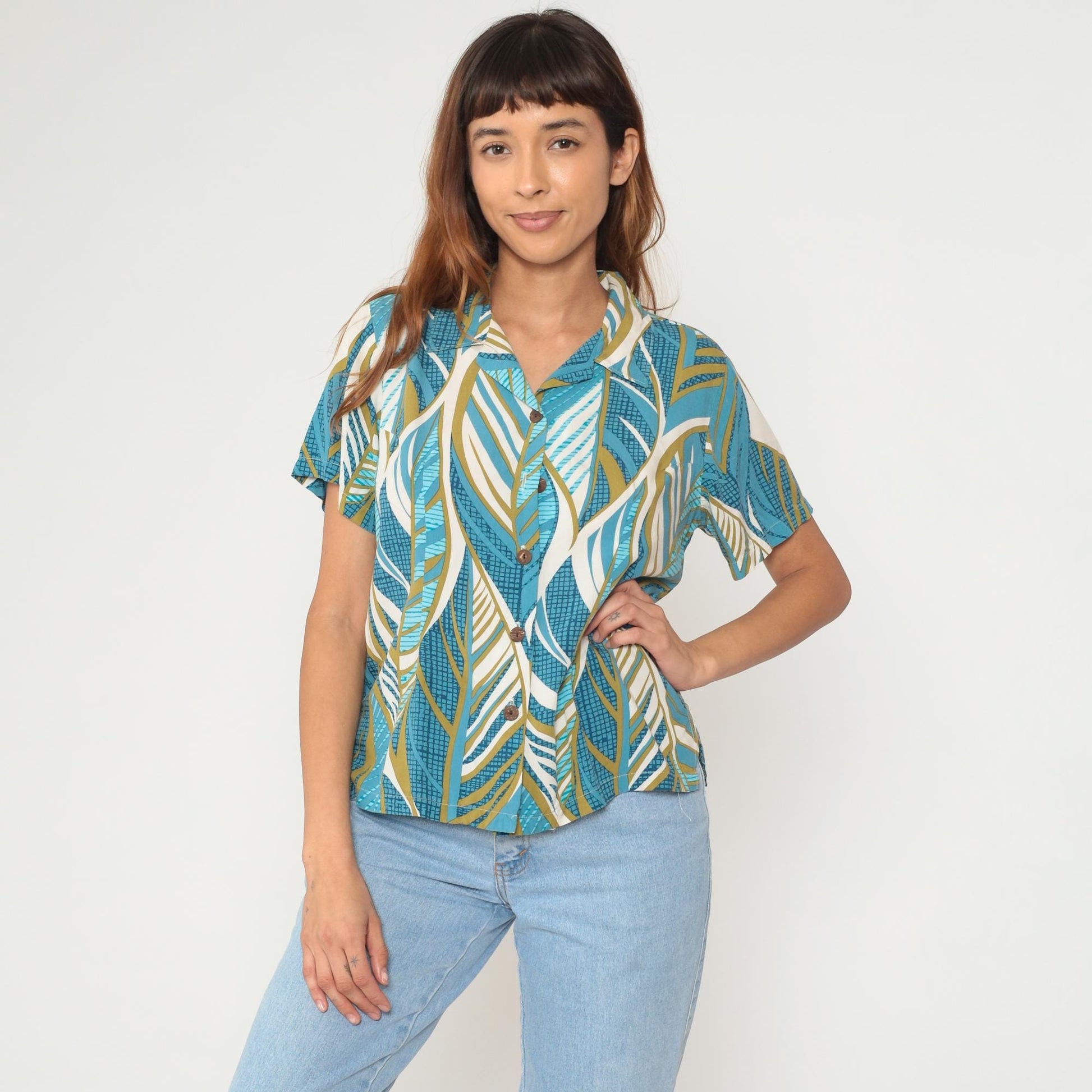 Y2K Hawaiian Shirt Aloha Hut Turquoise Palm Leaf Print Medium M