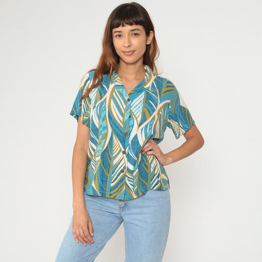 Y2K Hawaiian Shirt Aloha Hut Turquoise Palm Leaf Print Medium M