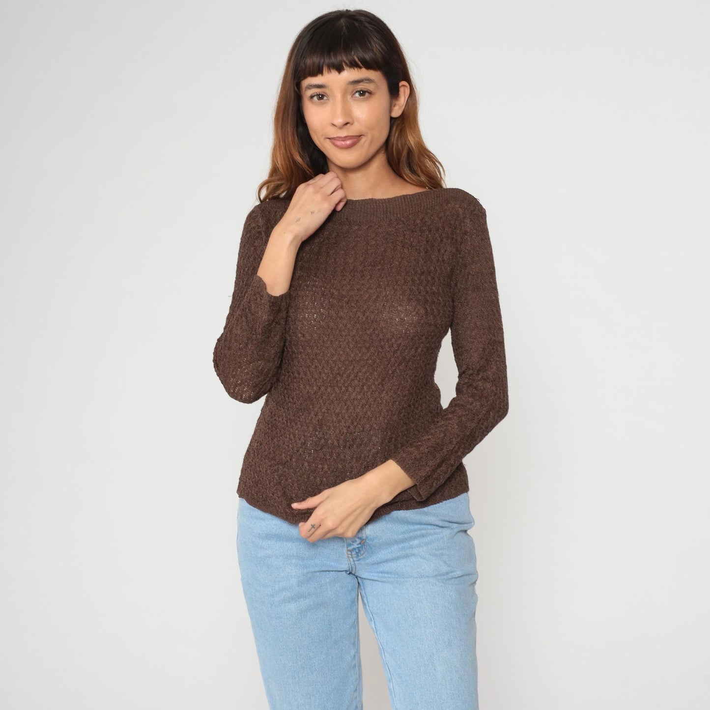 90s Brown Knit Sweater Boat Neck Coral Button Pullover Medium M