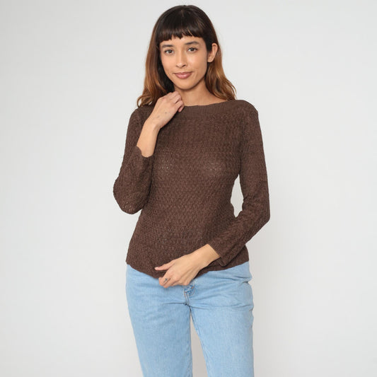 90s Brown Knit Sweater Boat Neck Coral Button Pullover Medium M