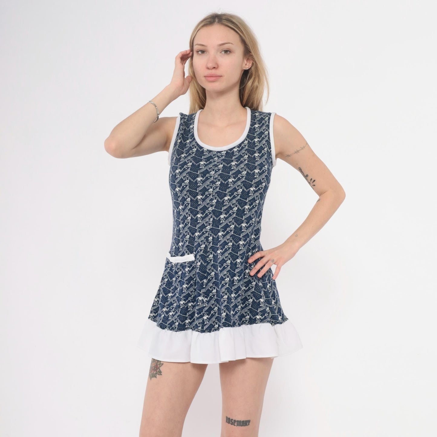 70s Navy Tennis Print Sleeveless Tunic White Trim Mini Dress Extra Small XS