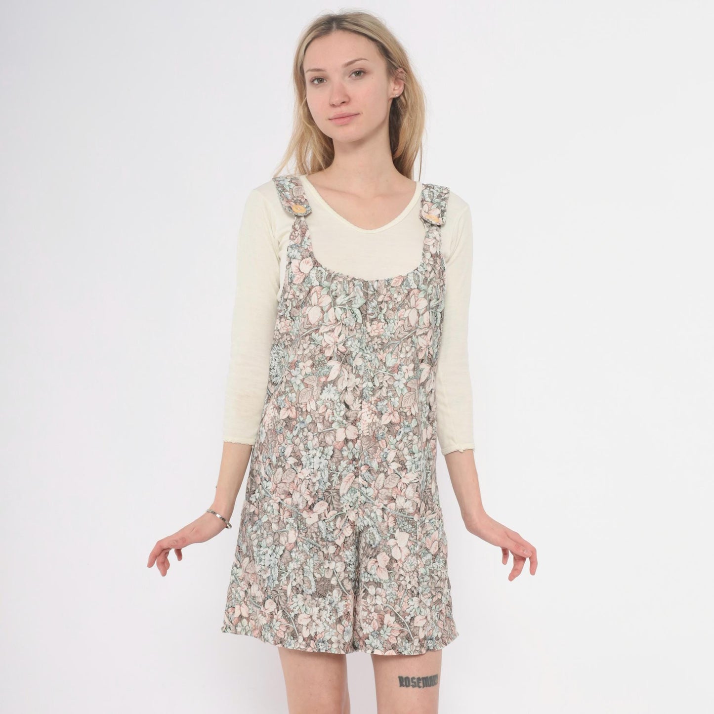 70s Floral Romper Pink Green Cream Scoop Neck Playsuit Small S