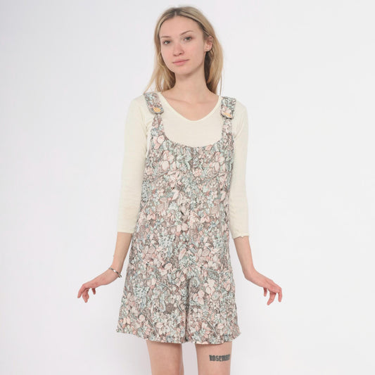 70s Floral Romper Pink Green Cream Scoop Neck Playsuit Small S