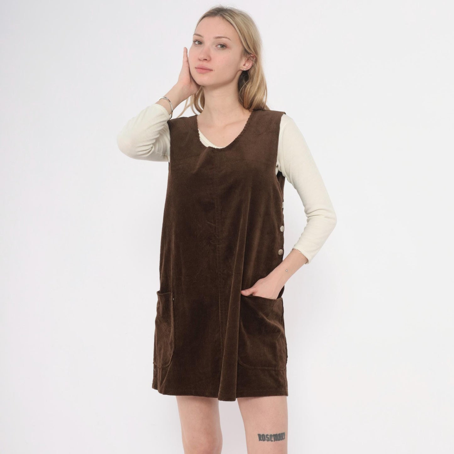 90s Brown Corduroy Jumper Dress Sleeveless V-Neck Shift Pinafore Small
