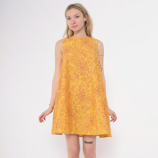 60s Gay Gibson Paisley Shift Dress Yellow Red Sleeveless XS