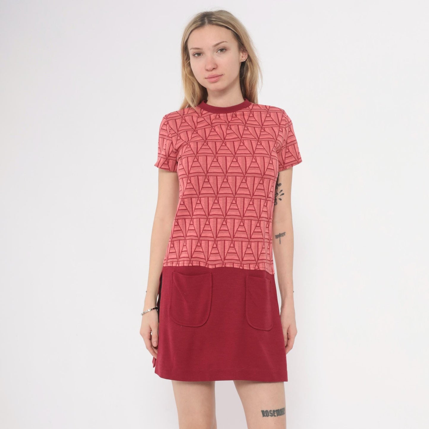 60s Coral Geometric Shift Dress Mini Knee-Length Mod Space Age Pink Extra Small XS