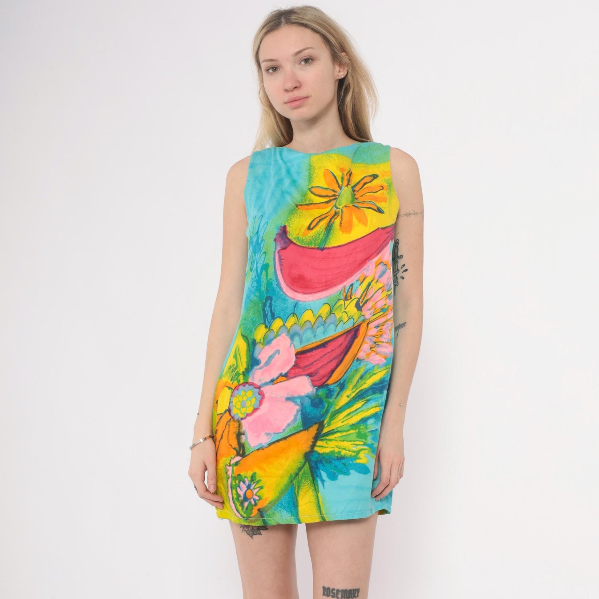 60s Psychedelic Floral Mini Dress Shift Sleeveless Cotton Turquoise Small