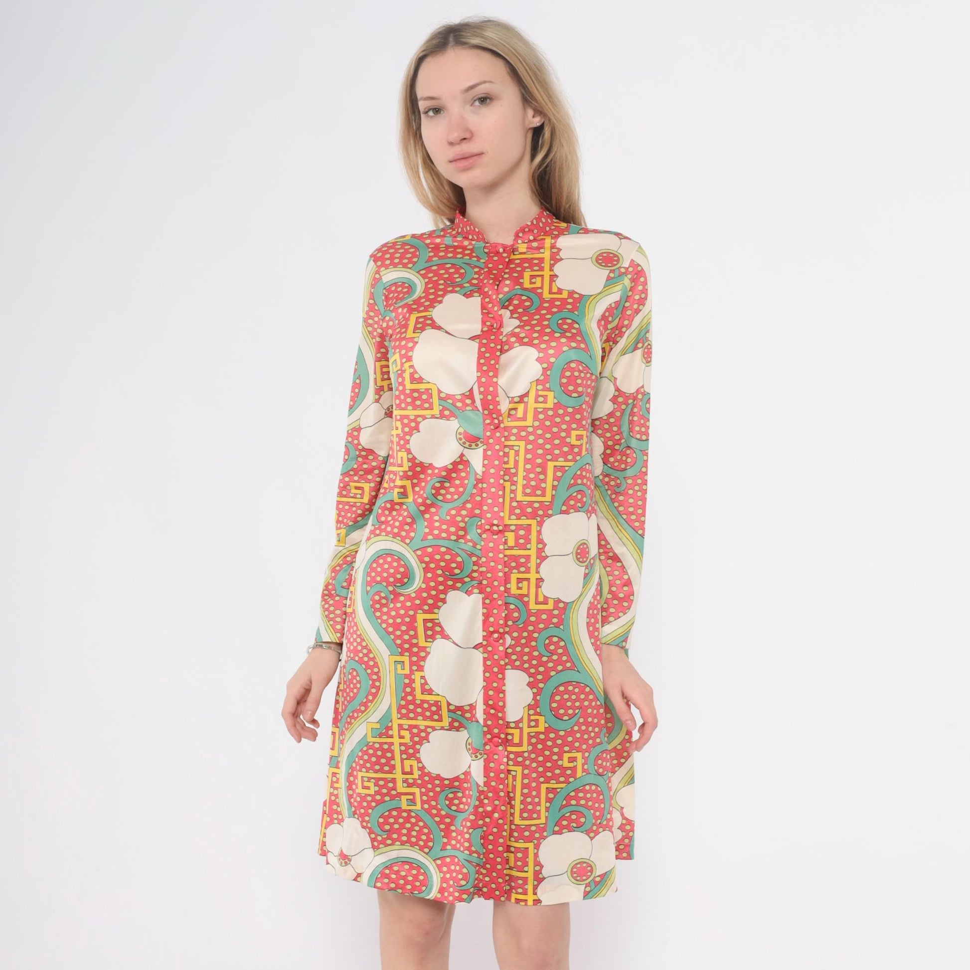 70s Psychedelic Floral Tunic Dress Pink Cream Mint Knee-Length Medium M