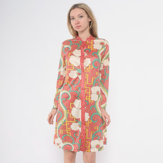 70s Psychedelic Floral Tunic Dress Pink Cream Mint Knee-Length Medium M