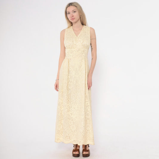 70s Ivory Lace Maxi Dress V-Neck Empire Waist Sleeveless Small S