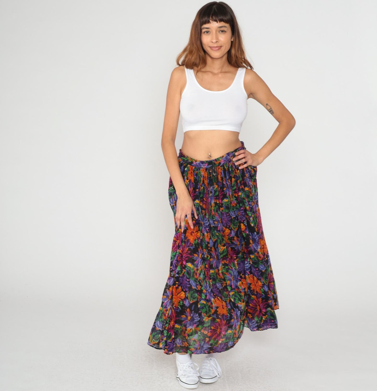 90s Short Circuit Floral Maxi Skirt Gauze Tiered Elastic Waist Medium Large