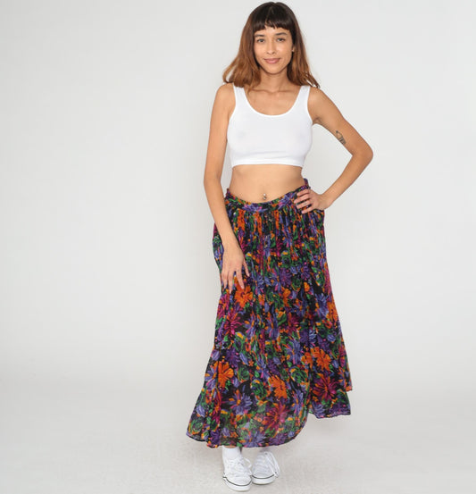 90s Short Circuit Floral Maxi Skirt Gauze Tiered Elastic Waist Medium Large