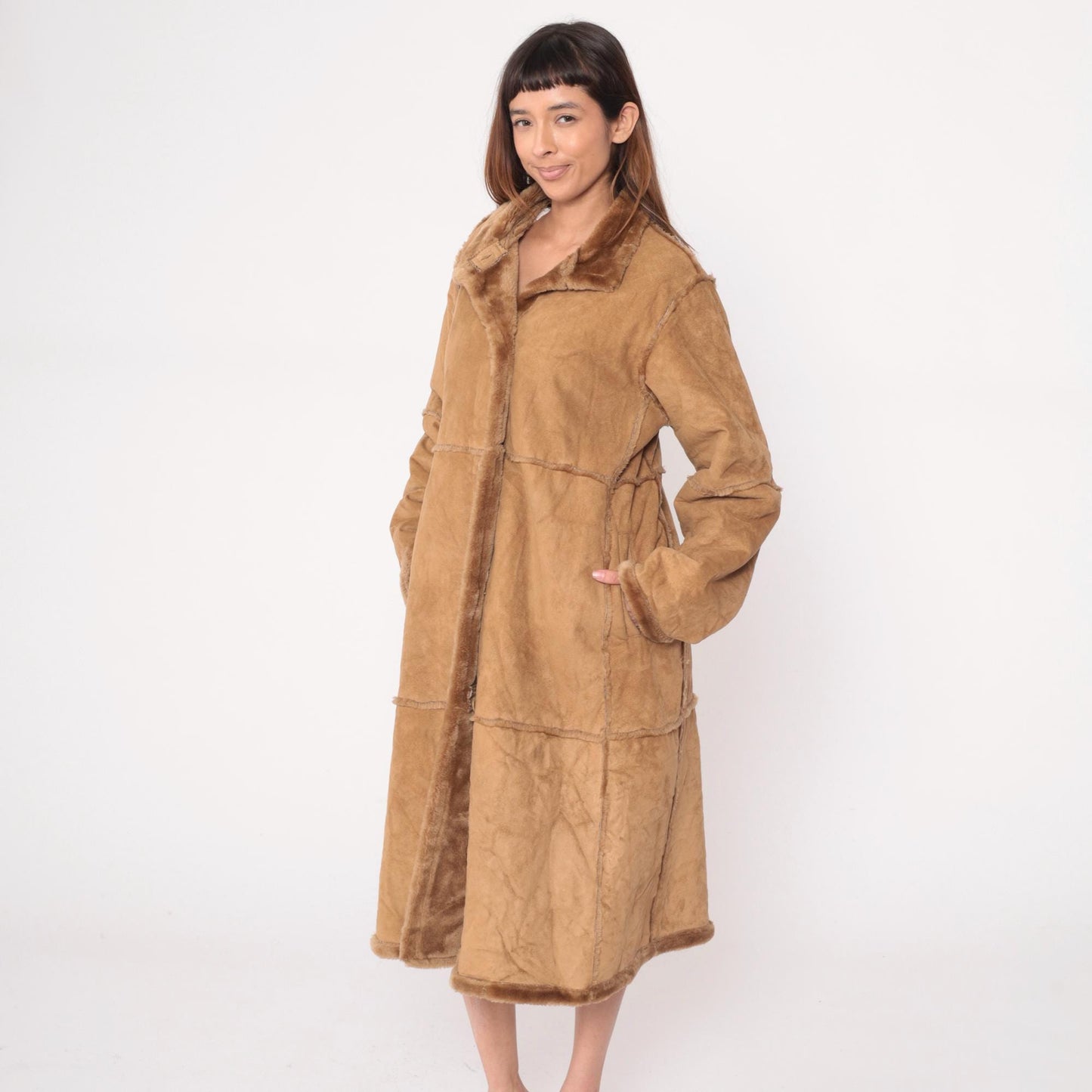 Y2K St Johns Bay Tan Faux Shearling Coat Fur-Trimmed Collar Petite Large