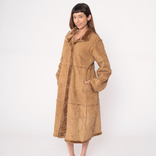 Y2K St Johns Bay Tan Faux Shearling Coat Fur-Trimmed Collar Petite Large
