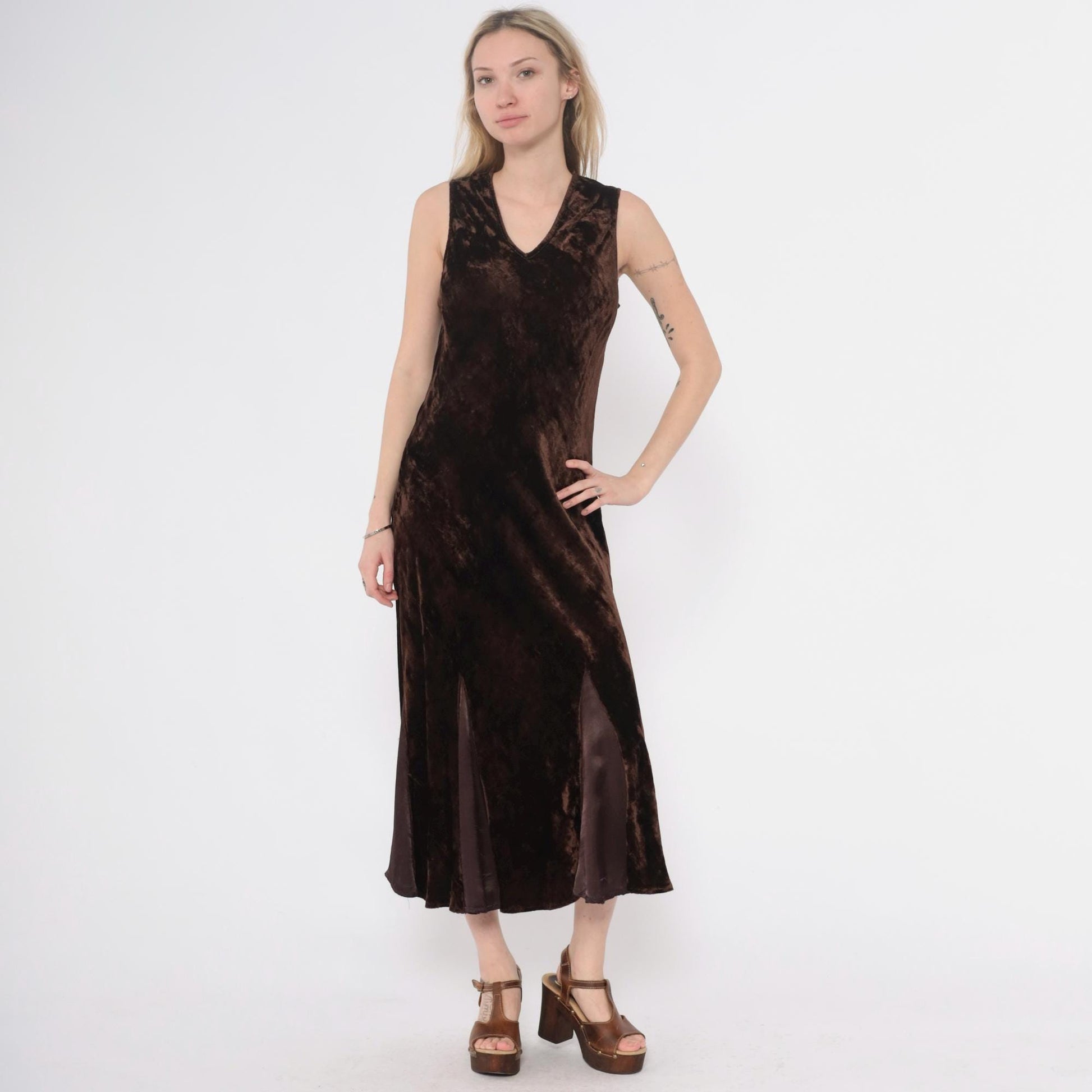 90s April Cornell Velvet Maxi Dress Brown V-Neck Sleeveless Small S