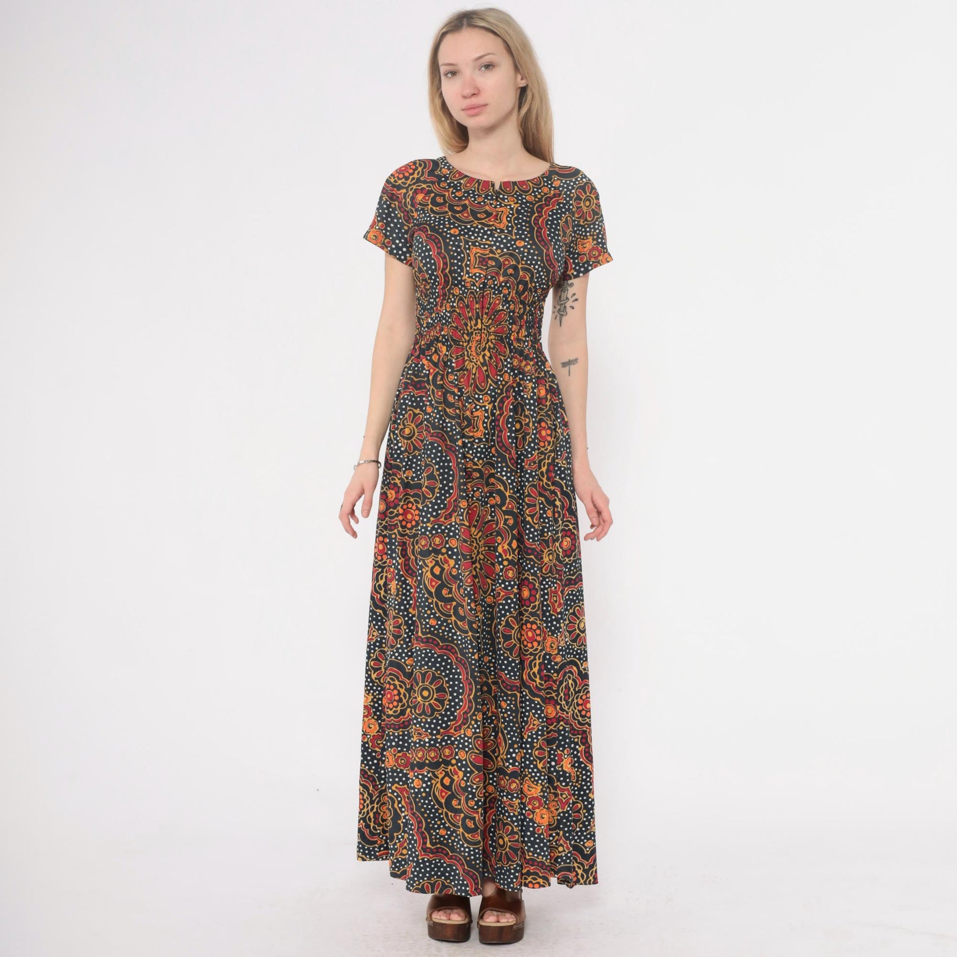 70s Psychedelic Maxi Dress Paisley Floral Navy Orange Red Yellow Small