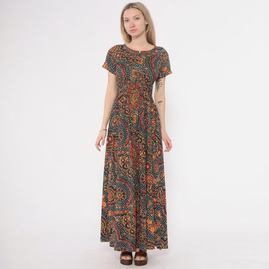 70s Psychedelic Maxi Dress Paisley Floral Navy Orange Red Yellow Small