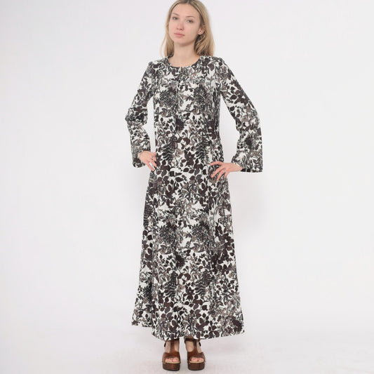70s Black White Floral Maxi Dress Long Sleeve Botanical Print Round Neck Medium