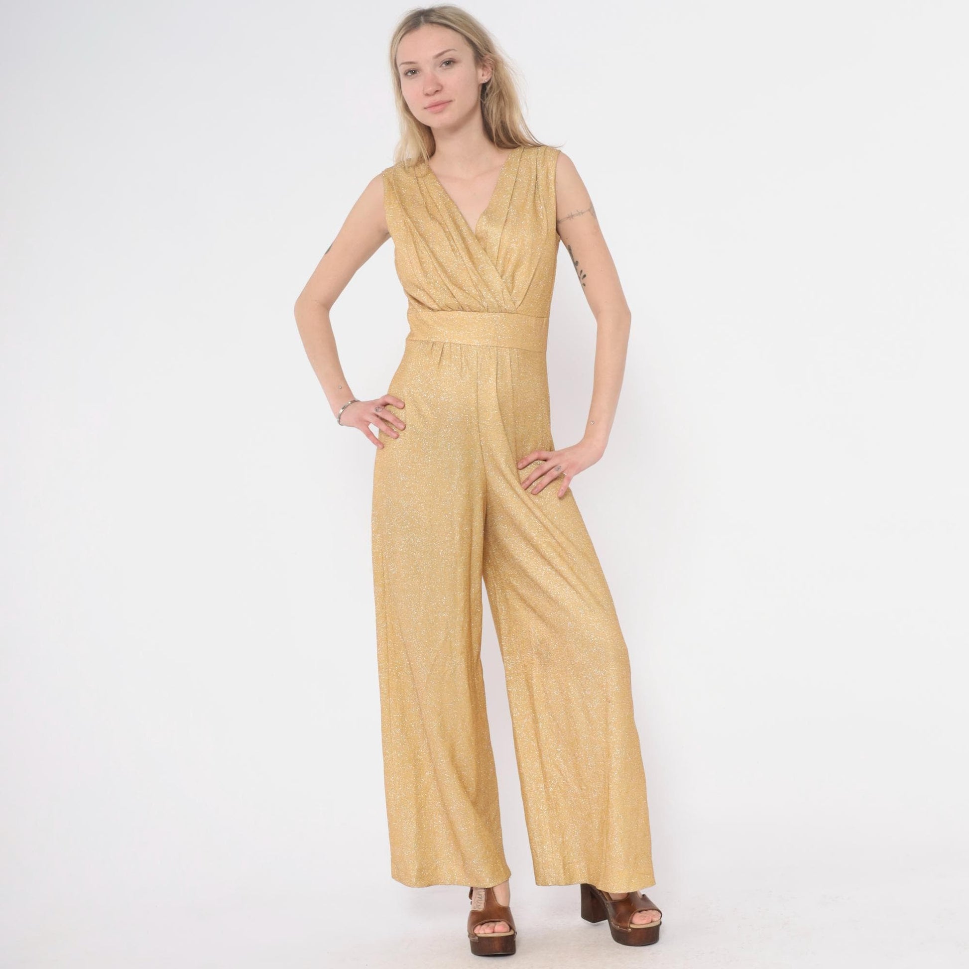 70s Gold Metallic Jumpsuit Sleeveless V-Neck Wide Leg Spiegel Small