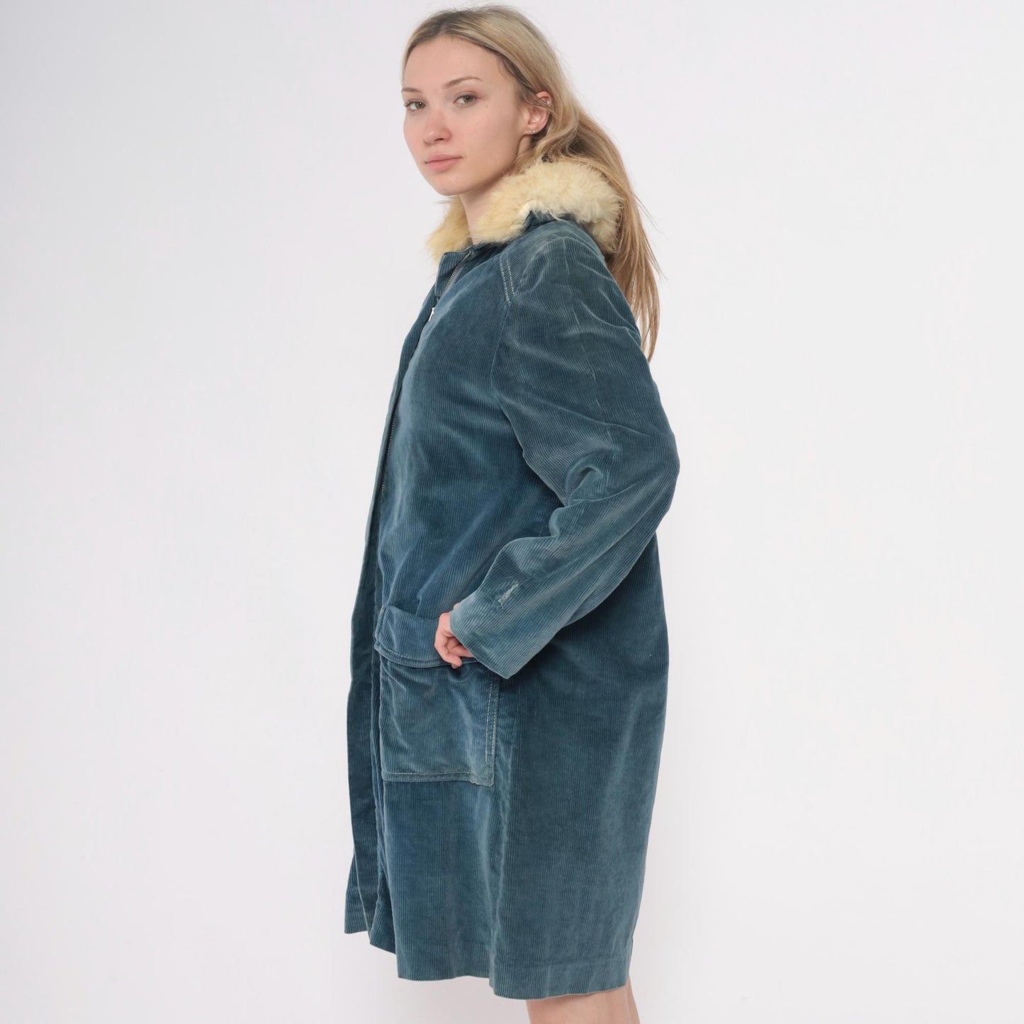70s Blue Corduroy Jacket Cream Fur Collar Shearling Lined Knee Length Small