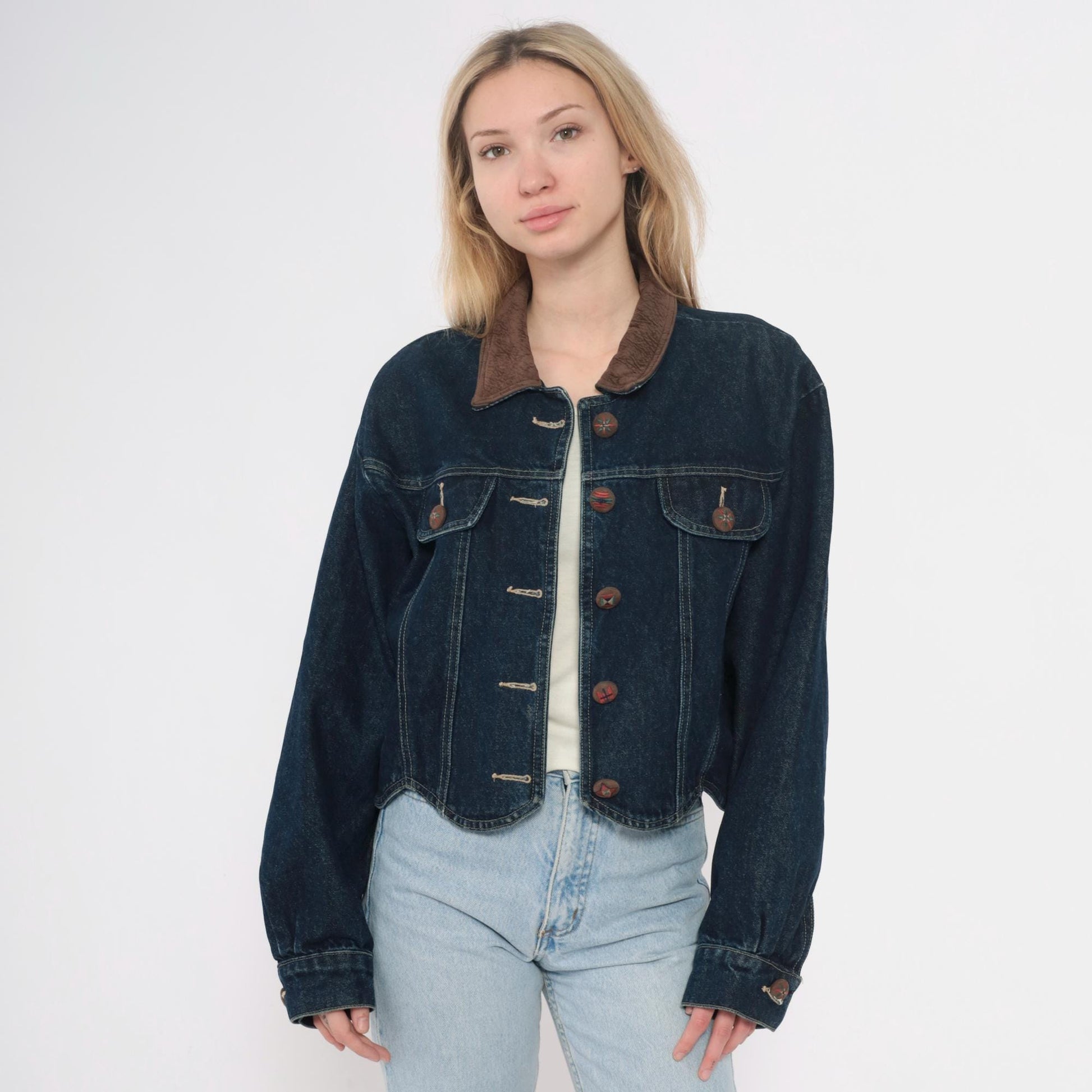 90s Coldwater Creek Cropped Denim Jacket Scalloped Hem Dark Wash Large L
