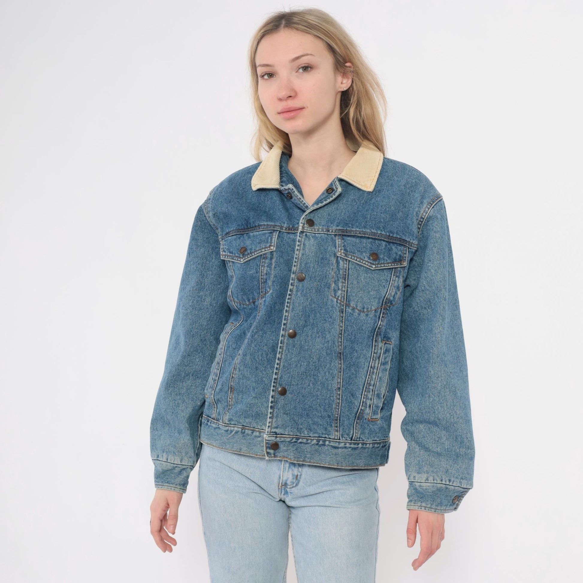90s Denim Trucker Jacket Corduroy Collar Flannel Lined Medium Blue