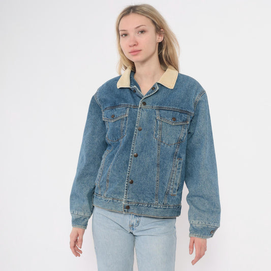 90s Denim Trucker Jacket Corduroy Collar Flannel Lined Medium Blue