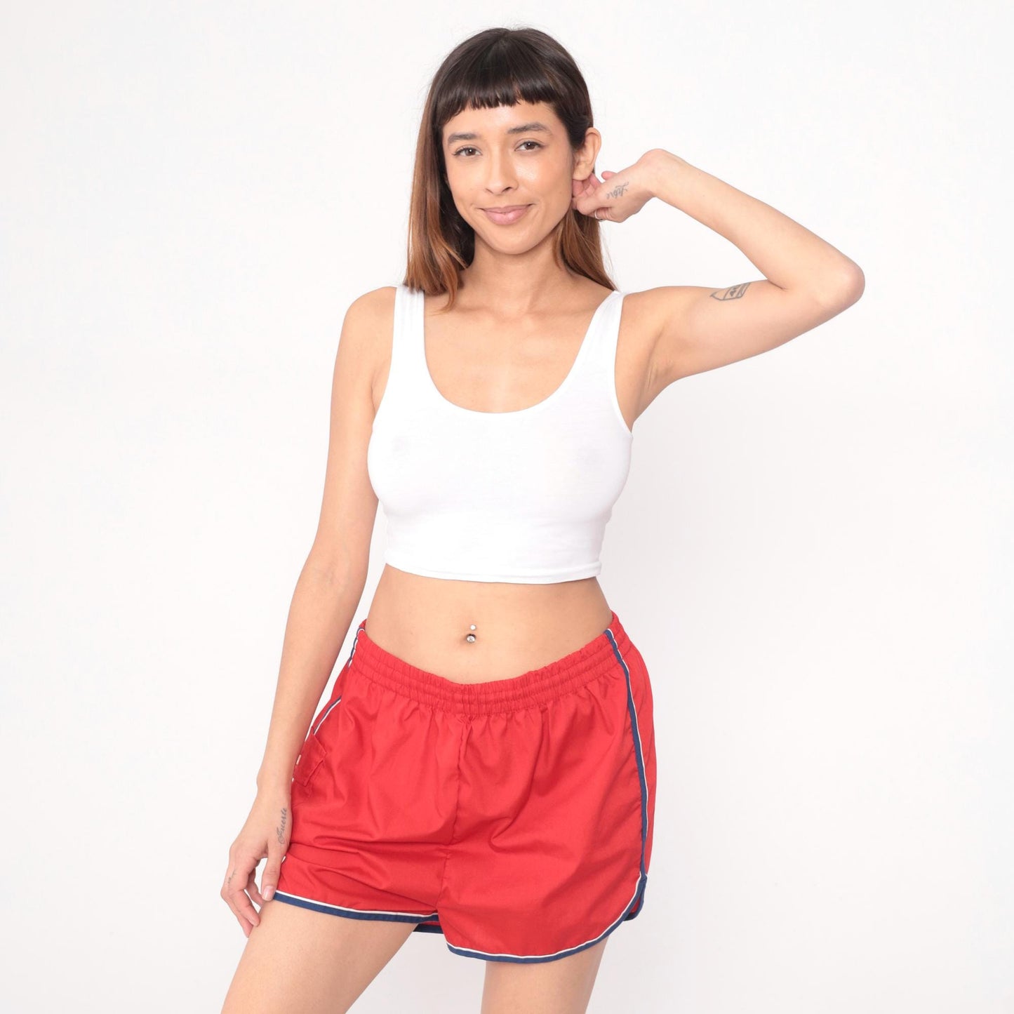 80s Red Jogging Shorts Navy Striped Trim Elastic Waistband Extra Large