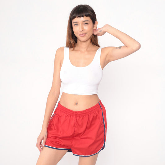 80s Red Jogging Shorts Navy Striped Trim Elastic Waistband Extra Large