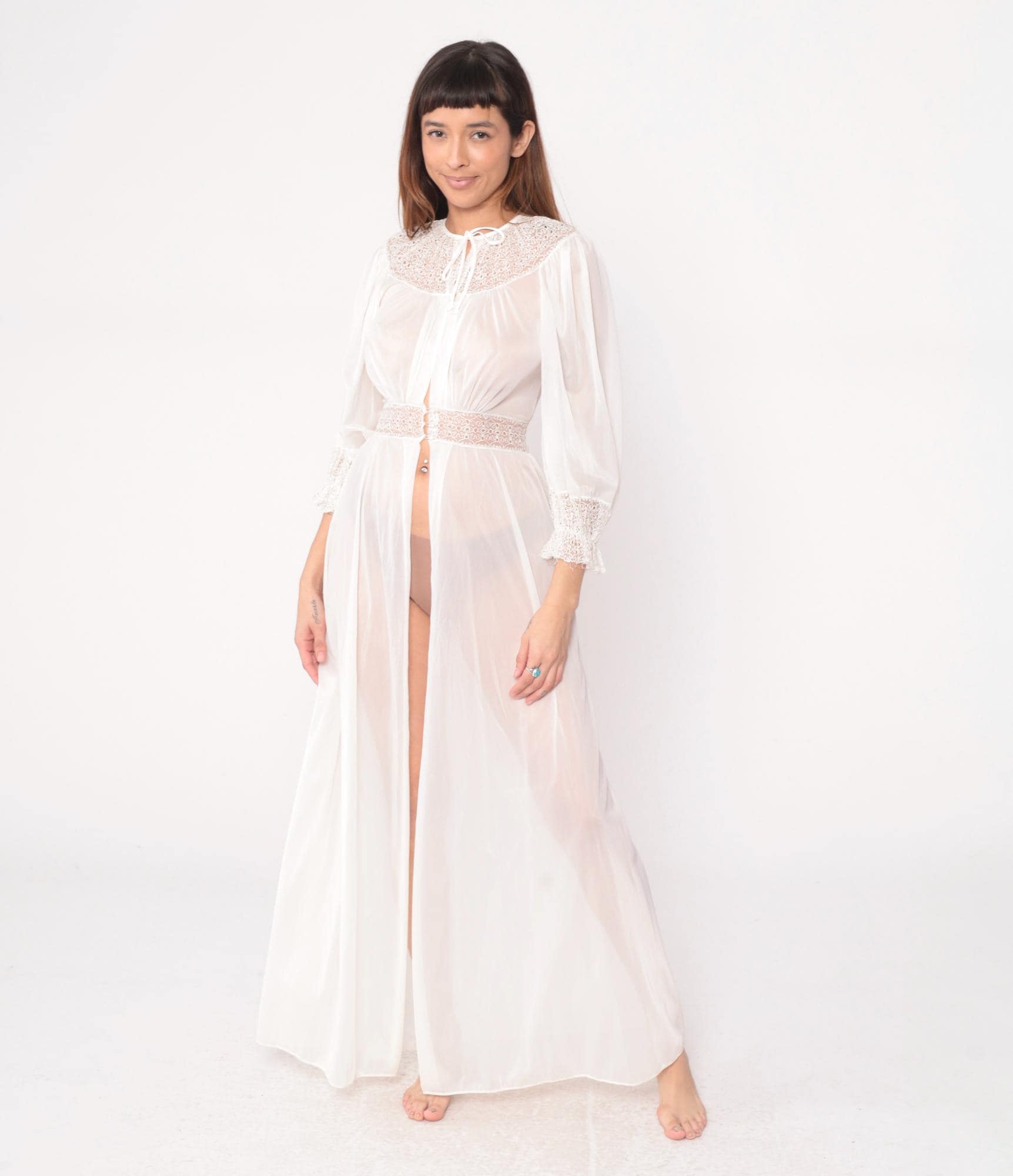 70s Lady Leonora Lace Robe Off-White Nylon Tie-Front Maxi Negligee Small
