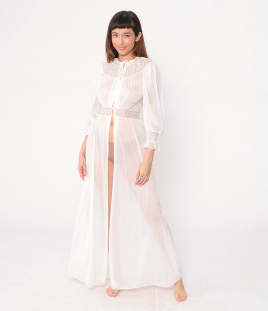 70s Lady Leonora Lace Robe Off-White Nylon Tie-Front Maxi Negligee Small
