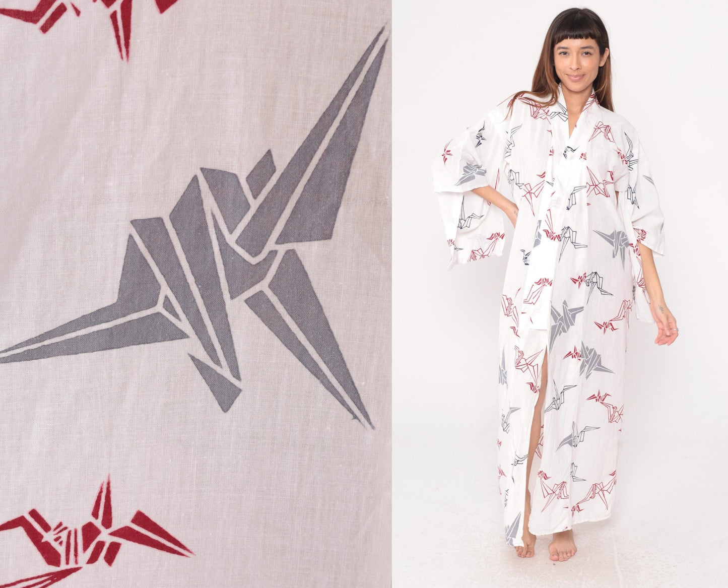 80s White Origami Crane Kimono Robe Maxi Cotton Duster Collared Large