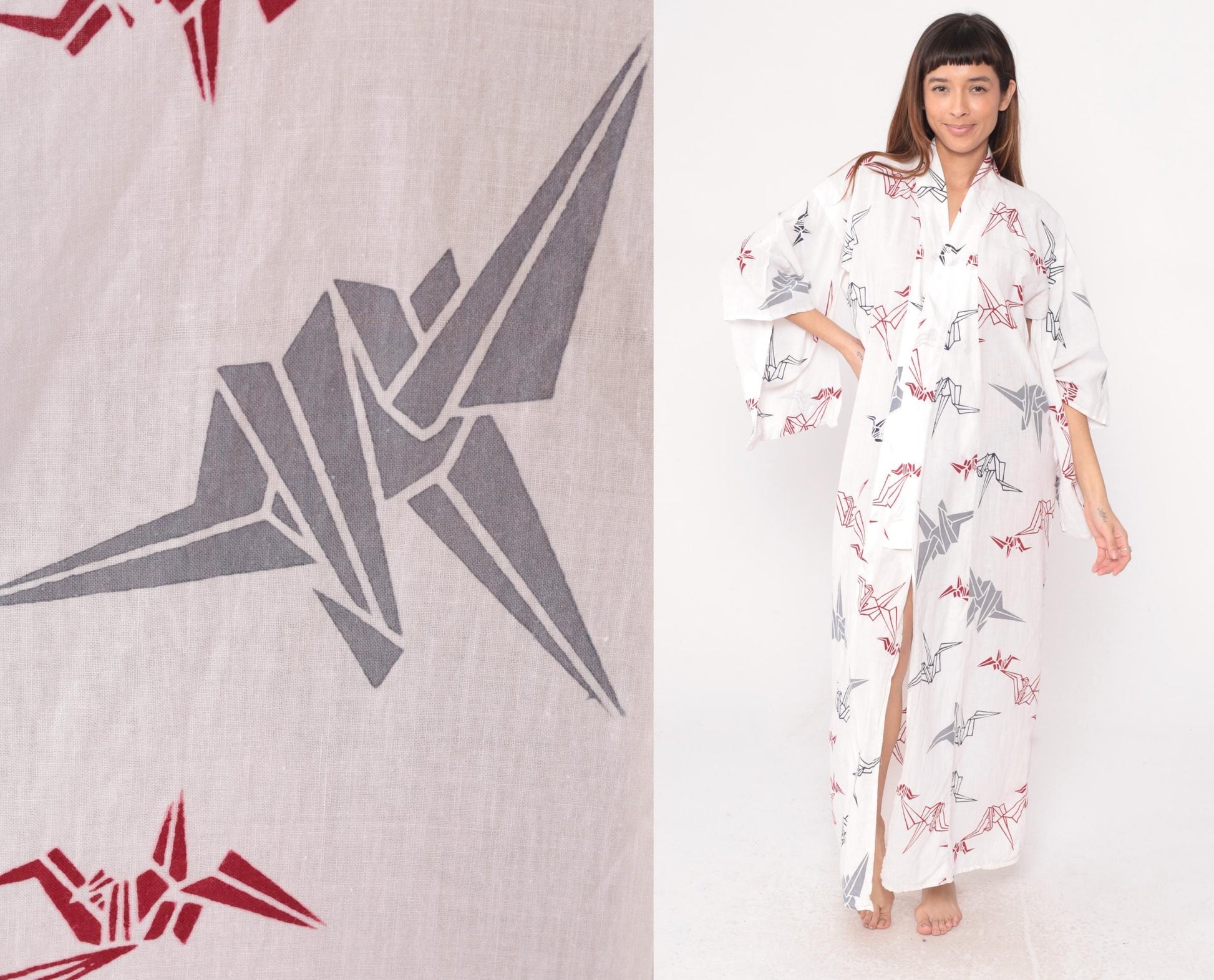 80s White Origami Crane Kimono Robe Maxi Cotton Duster Collared Large