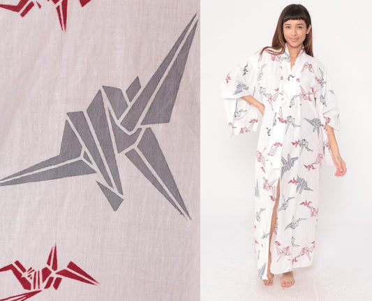80s White Origami Crane Kimono Robe Maxi Cotton Duster Collared Large