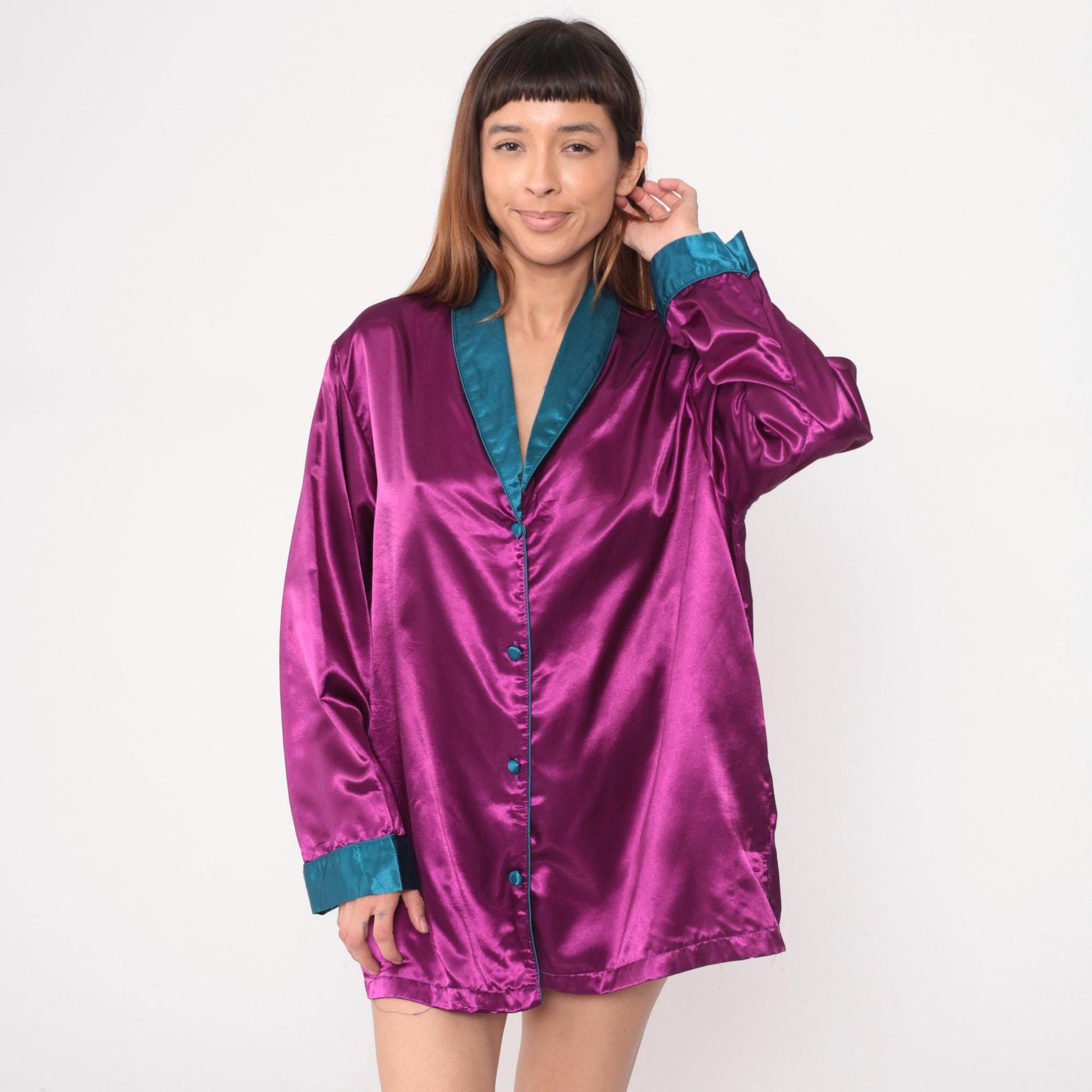 90s Purple Satin Sleep Shirt Teal Trim Button Front Tunic Large L