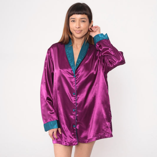 90s Purple Satin Sleep Shirt Teal Trim Button Front Tunic Large L